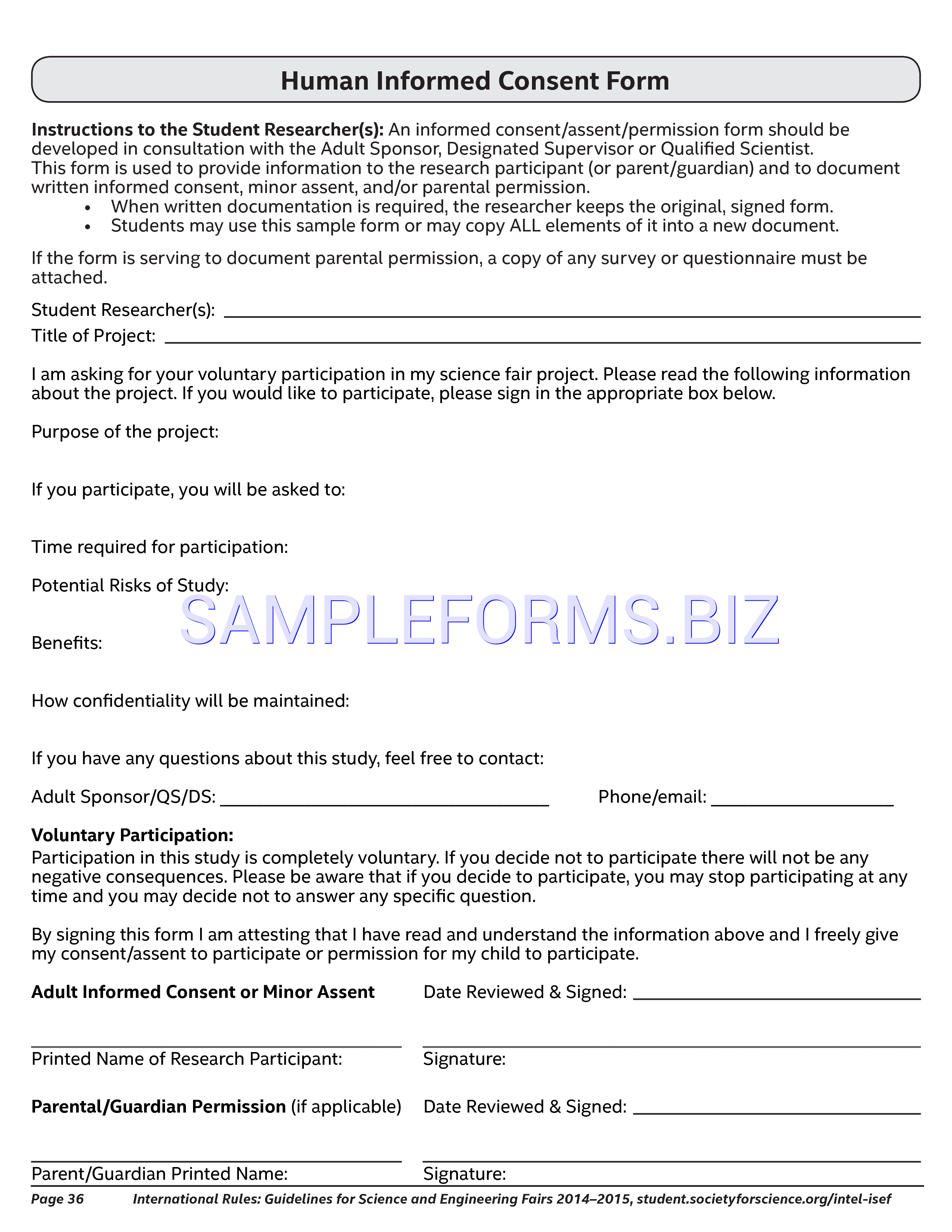 Preview free downloadable Human Informed Consent Form in PDF (page 1)